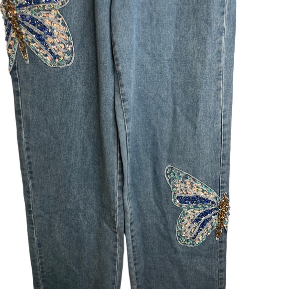 Fashion Nova Light Denim Sequin Butterfly jeans with jeweled bottom Size Large - Picture 7 of 12